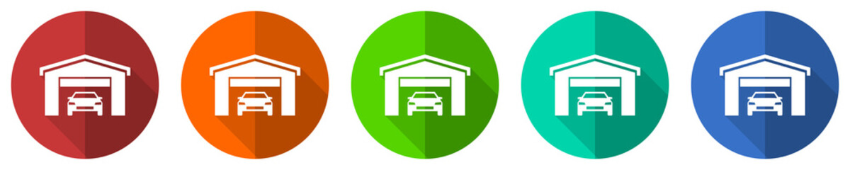 Aufkleber - Car in a garage vector icon set, red, blue, green and orange flat design web buttons isolated on white, vector illustration