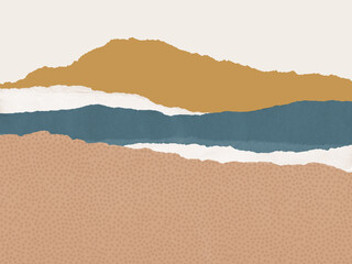 Abstract landscape with torn deckled paper edges in earthy colors. Mountains and fields. Craft Paper Texture.