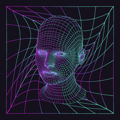 silhouette of 3d low poly human head. illustration in retrofuturistic style of 80's-90's years, vapo
