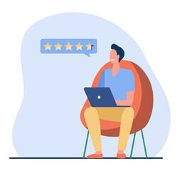 Man giving assessment in internet store. Laptop, computer, star flat vector illustration. Online shopping and social media concept for banner, website design or landing web page