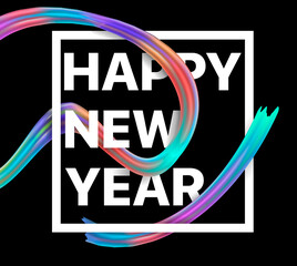Poster - Vector illustration: Happy New Year 2021. Greeting card with colorful abstract fluid twisted shape. Trendy design