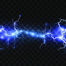 Realistic Lightning Bolts On A Black Transparent Background. The Charge Of Energy Is Powerful.Accumulation Of Electric Orange And Blue Charges.A Natural Phenomenon. Magic Effect. Lightning PNG.	