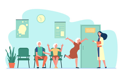 Wall Mural - Happy senior people greeting doctor. Physician, grandmother, hospital flat vector illustration. Medicine and retirement concept for banner, website design or landing web page