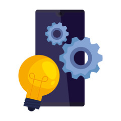 Wall Mural - smartphone electronic with bulb and gears vector illustration design