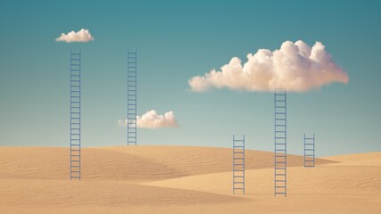 Wall Mural - 3d render, surreal desert landscape with ladders under the white clouds on sunny day. modern minimal