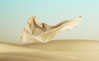 3d render, fashion drapery falls down, silk fabric levitates above the ground, abstract modern minimal background with flying textile cloth on a desert landscape with sand dunes