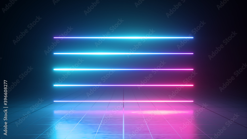 3d render, abstract pink blue gradient, neon lines glowing in the dark ...
