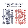 © Ramosh Artworks - King and queen card drawing line illustration, casino poker logo design, Luxury red and blue color of King and queen Playing Card in white Background