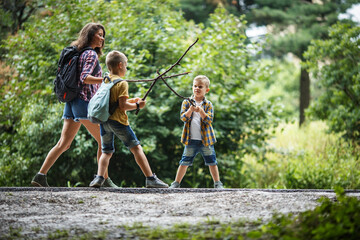 Wall Mural - mother and her little sons hiking trough forest .making fun and fight with wooden sticks.