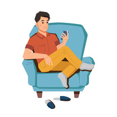 Teenager boy uses smartphone, browsing or chatting, texting or watching videos. Vector man sitting in armchair with phone, slippers under chair. Person with cellphone, guy communicating by mobile
