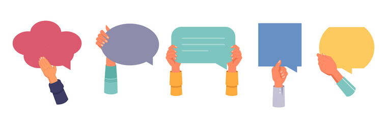 Aufkleber - Hands holding speech bubbles, reviews and feedback isolated set. Vector chats ir comments, dialog messages and customer opinion, banners or quotes in shape of clouds, round, square and rectangular