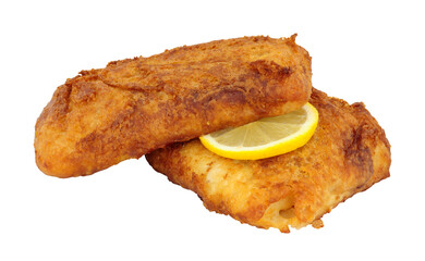 Two fried beer battered cod fish fillets isolated on a white background