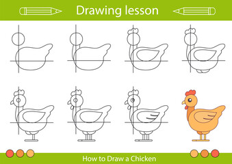 Sticker - Drawing tutorial a cock. Step by step repeats the picture. Drawing lesson for children. Actives worksheets with cartoon animals. Kids funny activity art page. Vector illustration.