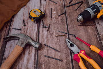 wooden work table with tools