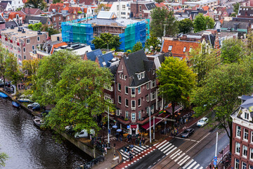 Amsterdam aerial view. Beautiful view of Amsterdam with typical Dutch Houses. Amsterdam, Netherlands.