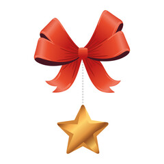 Poster - christmas golden star hanging in bow decoration vector illustration design