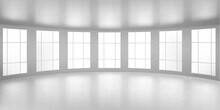 Empty Round Room, Office With Large Windows, White Ceiling And Floor. Internal Interior Structure Of Modern City Architecture, Inner Design Project Visualization, Realistic 3d Vector Illustration