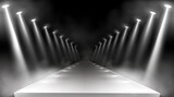 Fototapeta  - Spotlights background, glowing stage lights, white beams for red carpet award or gala concert. Empty illuminated way for presentation, runway with lamp rays with smoke for show, Realistic 3d vector