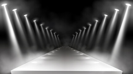 Wall Mural - Spotlights background, glowing stage lights, white beams for red carpet award or gala concert. Empty illuminated way for presentation, runway with lamp rays with smoke for show, Realistic 3d vector