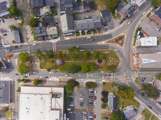 Sticker - Fitchburg Upper Common and First Parish Unitarian Church aerial view on Main Street in downtown Fitchburg, Massachusetts MA, USA. 