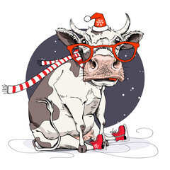 Merry Christmas and New year card. Sitting cow in the red scarf and Santa's hat and in the ice skates. Humor t-shirt composition, meme, hand drawn style print. Vector illustration.