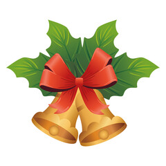 Poster - golden christmas bells with leafs plant and bow vector illustration design