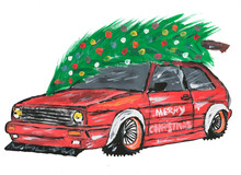 Christmas Red Car On A Studded Tire With A Tree On The Roof Painted With Watercolors
