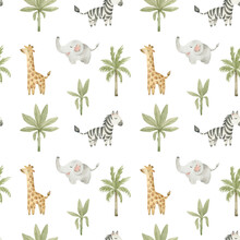 Watercolor Seamless Pattern With Cute African Animals. Elephant, Giraffe, Zebra, Palm Trees. Cute Background For Nursery Design, Baby Textile