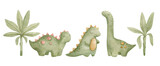 Fototapeta Dziecięca - Watercolor illustration set with cute dino toys for kids. Dinosaurs, Tyrannosaurus, Brachiosaurus,  trees, palms. Nursery design elements. Hand drawn animals. Baby home decor