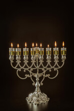 Jewish Festival Of Lights Holiday Symbol Chanukkah Menorah In Hanukkiah On Oil Candles