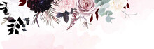 Dusty Pink, Pastel, Black Flowers Vector Design Watercolor Banner Frame