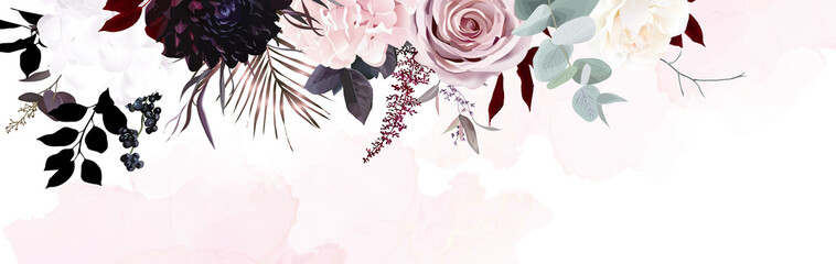 Wall Mural - Dusty pink, pastel, black flowers vector design watercolor banner frame