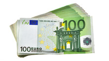 Concept Of Wealth In Euros: A Pile Of 10,000 Euros In One Hundred 100 Euro Banknotes Isolated On White Background. Concept Of Inflation In The Eurozone