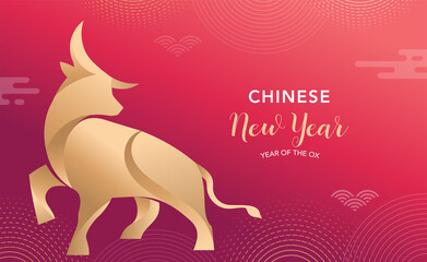 Chinese new year 2021 year of the ox, red cow, Chinese zodiac symbol. Vector background with traditional oriental decorations