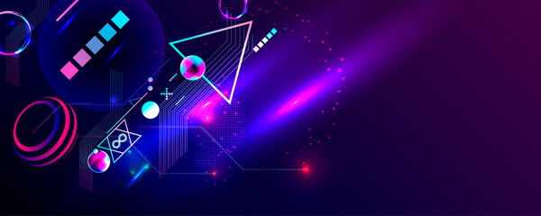 Wall Mural - Neon techno christmas tree science space abstraction background. Cosmos blue dark retro futuristic 3d starry sky glowing galaxy and planets blue