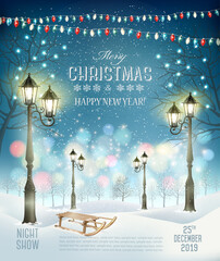 Poster - Christmas Holiday Party Flyer background with evening winter landscape and garland. Vector