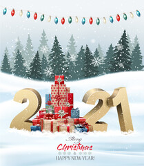 Poster - Holiday background with christmas tree made out of colorful gift boxes and presents and winter landscape. Vector illustration