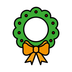 Poster - happy merry christmas wreath crown with bow line and fill style icon vector illustration design