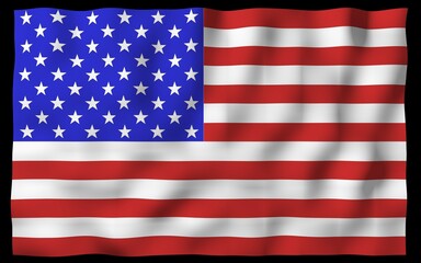 Waving flag of the United States of America on a dark background. Stars and Stripes. State symbol of the USA. 3D illustration