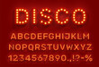 Disco type font with glowing light bulbs, vector alphabet letters, digits and punctuation marks on red background. Glow retro abc uppercase characters, electric vintage disco night style signs set