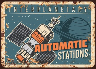 Wall Mural - space station vector rusty metal plate, interplanetary orbital satellite or automatic station orbiti
