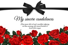 Funereal Card With Mourning Ribbon And Roses. Obituary Poster, Condolence Card With Black Ribbon Bow, Red Rose Flowers, Buds And Leaves Engraved Vector. Memorial Plaque Or Funeral Plate