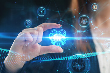 business, technology, internet and network concept. young businessman working on a virtual screen of