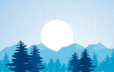 beauty blue winter landscape scene with sun and forest