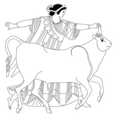 Europa with Zeus as bull. Ancient Greek mythology. Black and white linear silhouette. Vase painting style.	