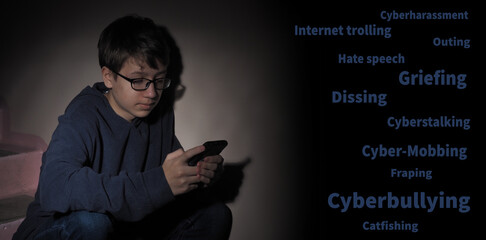 Types of harassment against teenagers in cyber space. Cyber Mobbing, Internet trolling, Griefing, Hate speech, Cyberstalking, Cyberharassment, Catfishing, Outing, Dissing, Fraping, Cyberbullying.