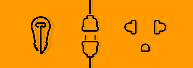 Line icon symbol about electricity, light bulb and plug, black line and shadow on a yellow background