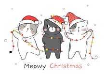 Draw Cat With ฉhristmas Light For Christmas And New Year.