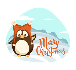 Sticker - Merry Christmas penguin wearing warm hat winter holiday vector. Landscape with hills covered by snow, snowy weather character wildlife scenery, wintertime