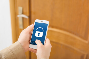 Sticker - Woman using mobile phone to open door